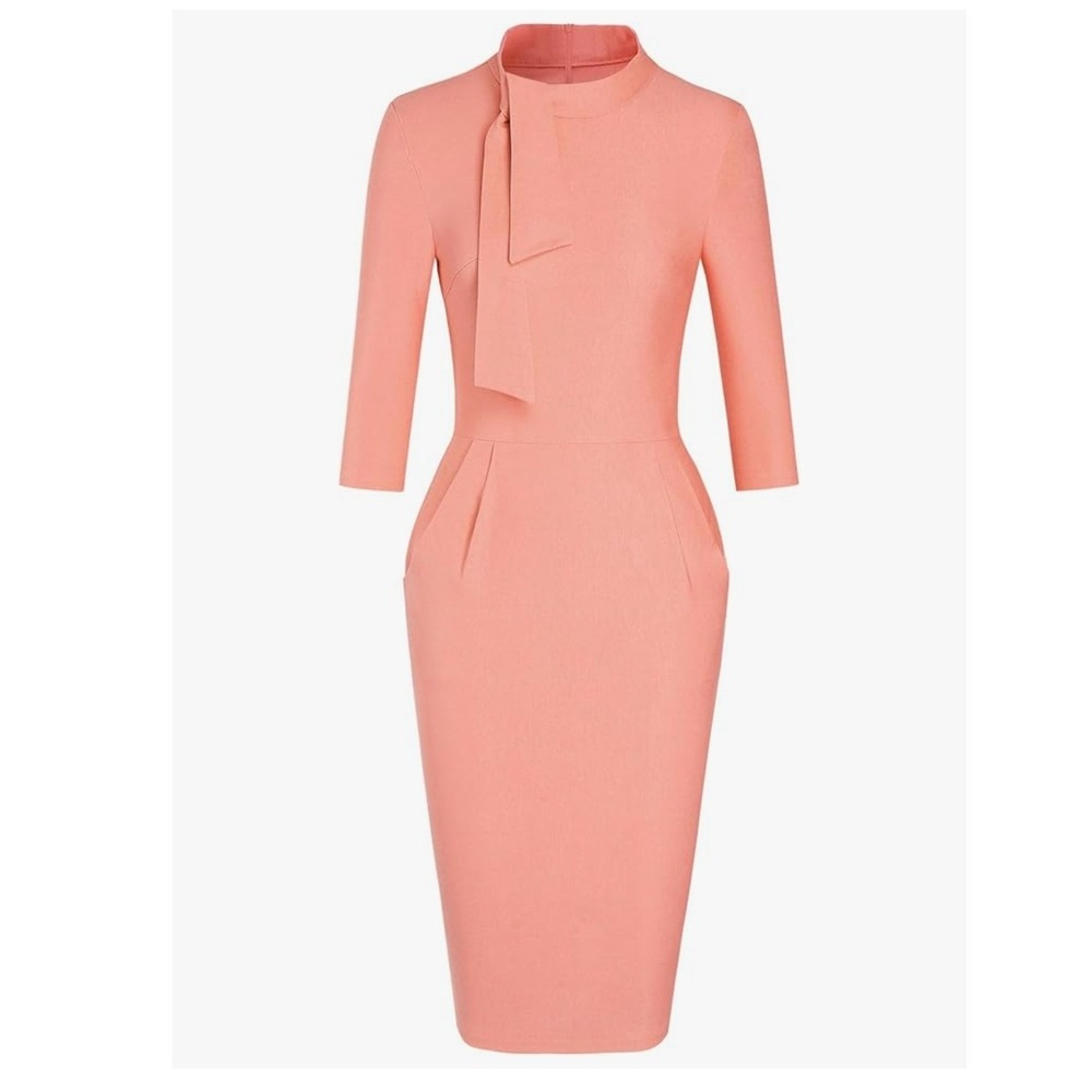 MUXN Women's Midi Pencil Dress 3/4 Sleeve Tie Neck Bodycon Office Cocktail - Picture 3 of 10